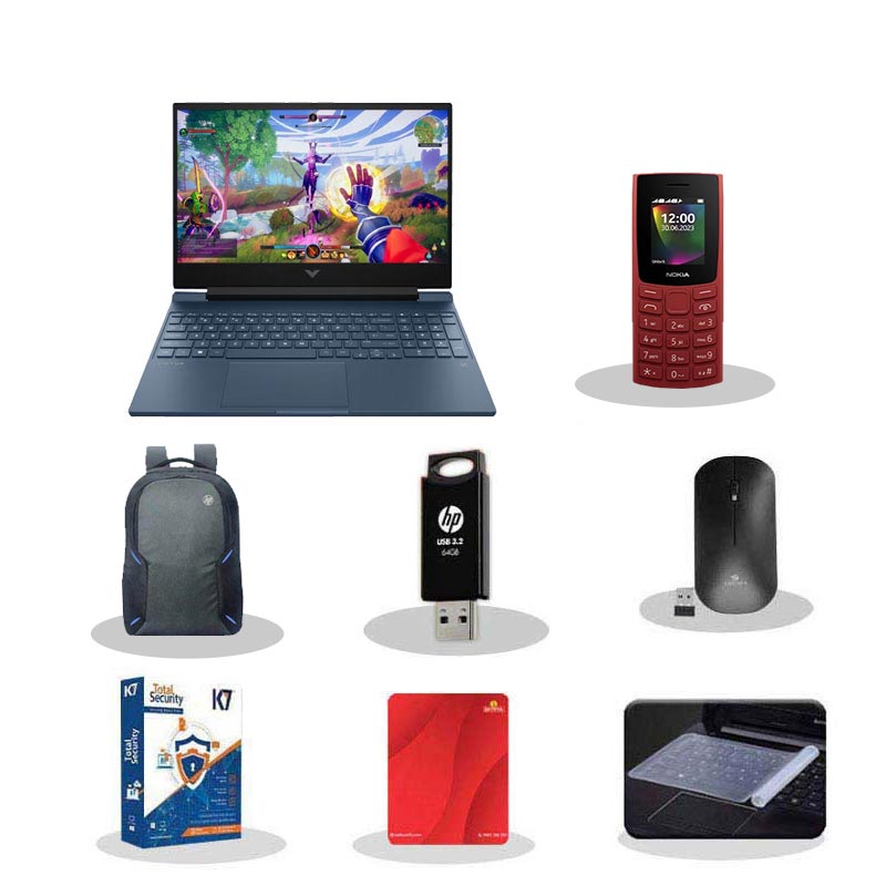 Picture of HP - Victus AMD Ryzen 5 5600H 15.6" (39.6 cm) 15-fb0185AX Gaming Laptop 8GB/ 512GB SSD/ AMD Radeon RX 6500M/ 4 GB GDDR6/ Windows 11 Home/ MS Office/ Mica silver/ 1 Year Warranty/2.29 kg) with Nokia 106 Keypad Phone + Laptop Bag + K7 Antivirus + Wireless Mouse + Mouse Pad + Pendrive + Laptop Key Skin